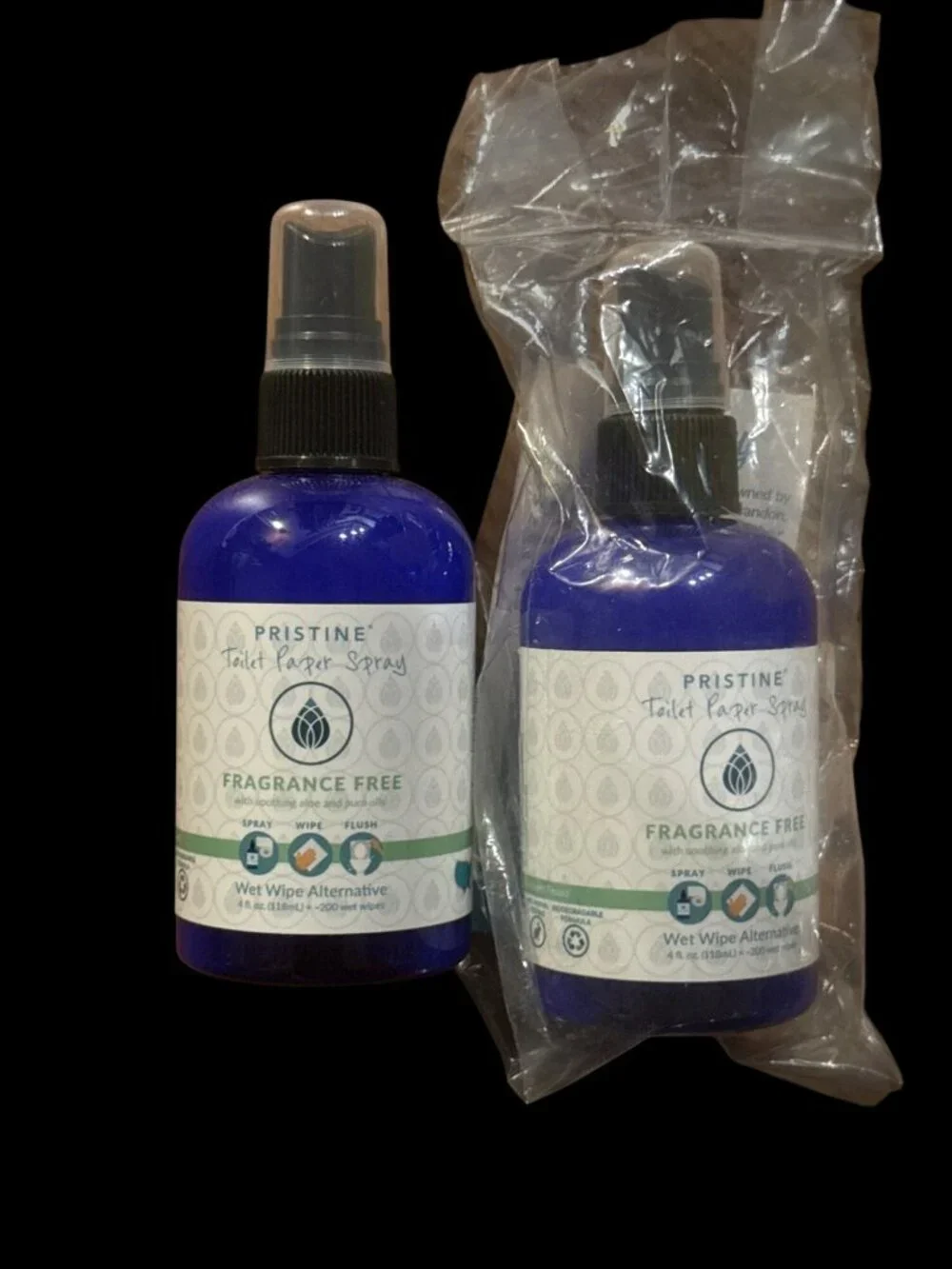 2 Pristine Toilet Paper Spray 4oz Original & Fragrance Free Wet Wipe Alternative